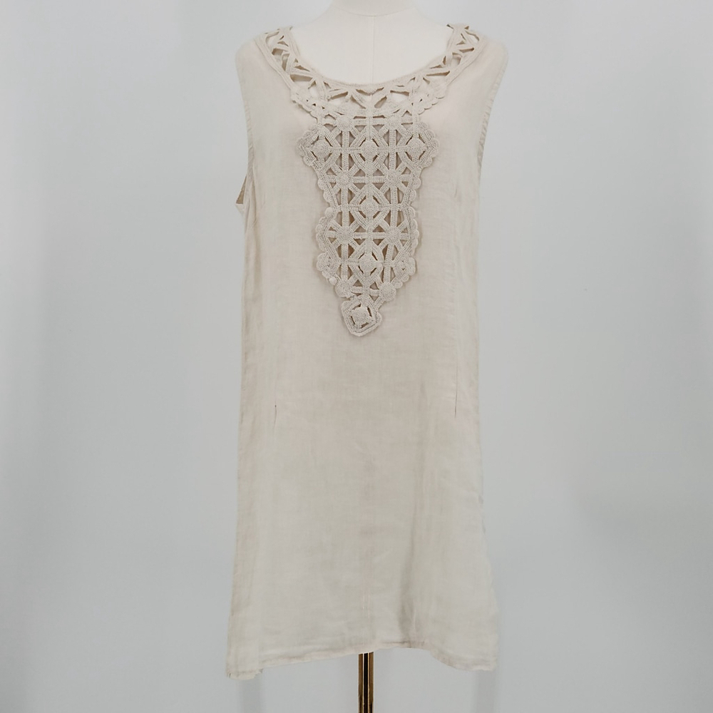 Alessia Pacini Italian Linen Sleeveless Dress Beige Size S Crochet Boho Cowgirl